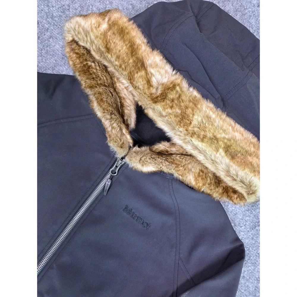 Marmot Softshell Jacket Womens Medium Black Faux Fur Hood Full Zip Fleece Lined